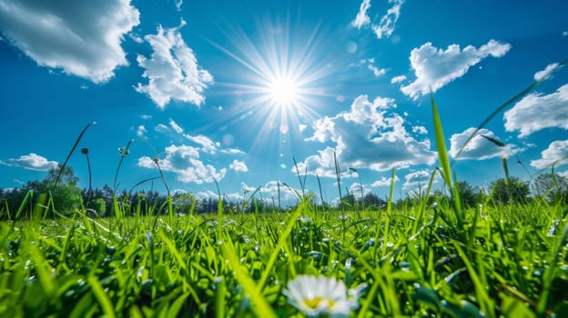 A field of green grass with a sun shining through the clouds