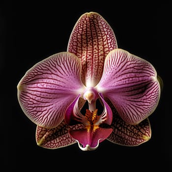 A single orchid with intricate pink and purple patterns on a black background