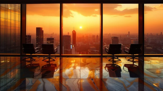 A view of a room with chairs and windows overlooking the city