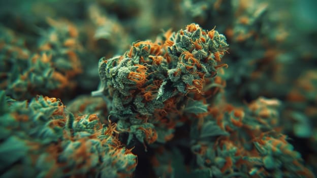 A close up of a marijuana plant with orange and green leaves