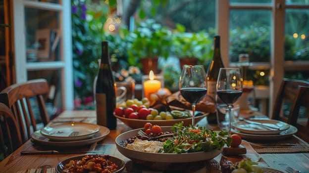 A table with a bowl of food and wine glasses on it