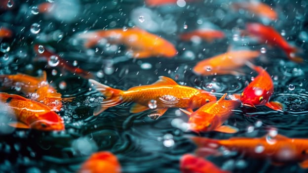 A group of goldfish swimming in a pond with raindrops