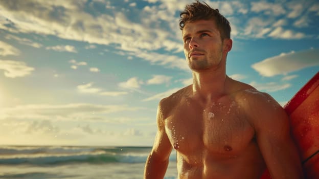 A man with no shirt standing on the beach holding a surfboard