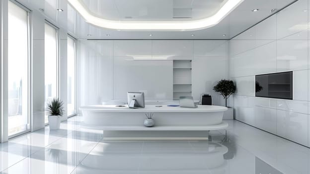 A white room with a large table and chairs in it