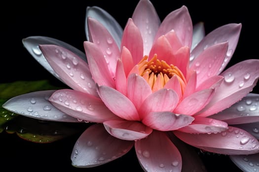 Pink water lily with raindrops on petals against black background.