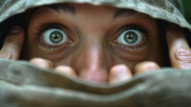 A woman peeking out from behind a blanket with her eyes wide open