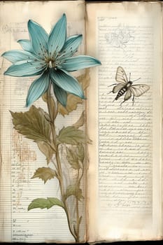 Vintage botanical illustration featuring a blue flower and a butterfly with handwritten notes.