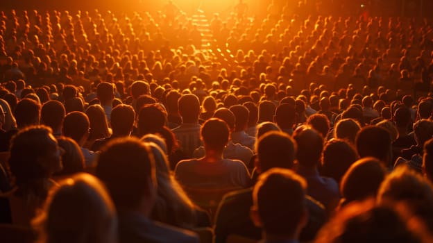 A large group of people sitting in a theater watching something