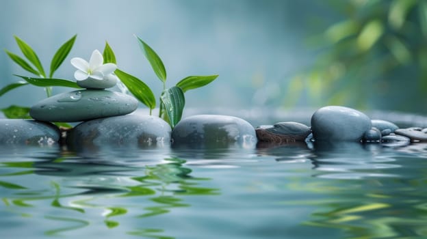 A stone rocks with a flower on top of them in the water