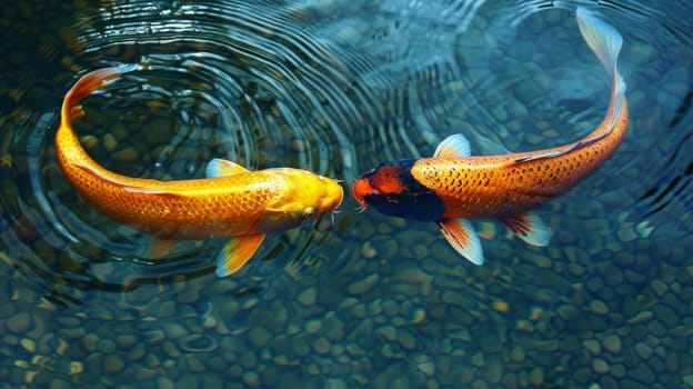 Two fish are swimming in a pond with rocks and water