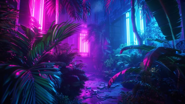 A neon lit jungle with plants and trees in the background