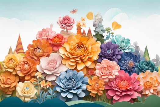 Colorful stylized illustration of a variety of flowers in bloom with a butterfly flying above.