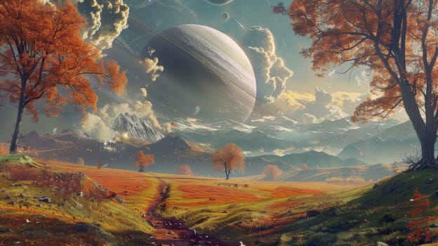 A painting of a landscape with planets and trees in the background