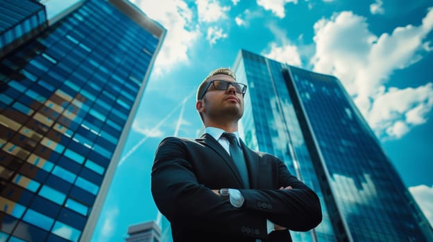 A man in a suit and tie standing next to tall buildings