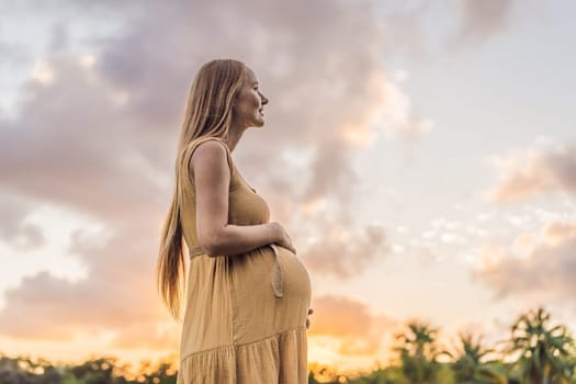 Tranquil scene as a pregnant woman enjoys peaceful moments in the park, embracing nature's serenity and finding comfort during her pregnancy.