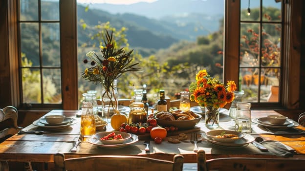 A table with a vase of flowers and plates on it