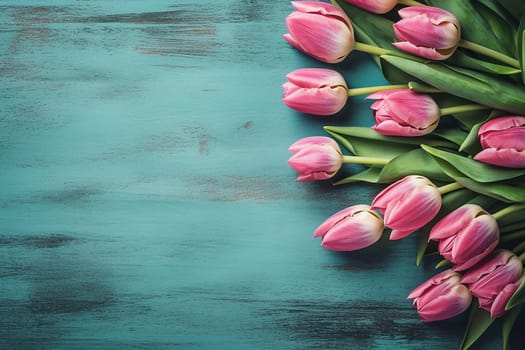 A bunch of pink tulips resting on a turquoise wooden surface.
