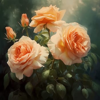 A digital painting of vibrant orange roses amidst lush green foliage.