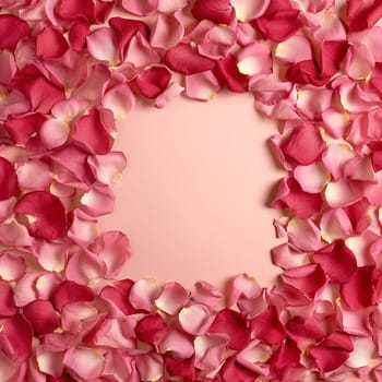 Rose petals arranged in a heart shape on a pink background