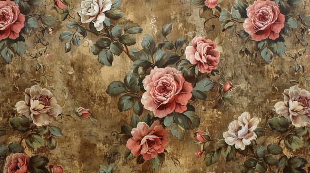 A close up of a flower pattern on the wall with roses