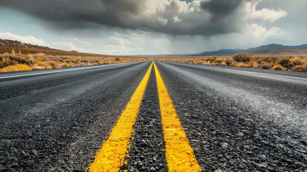 A road with yellow lines and a cloudy sky in the distance