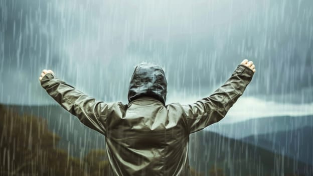 A person standing in the rain with arms raised