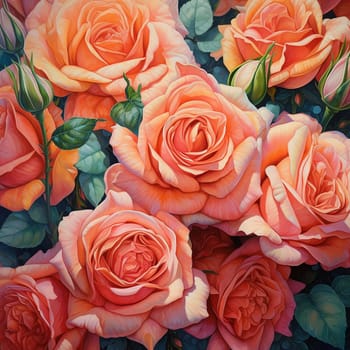 Close-up of vibrant peach-colored roses in a lush arrangement.