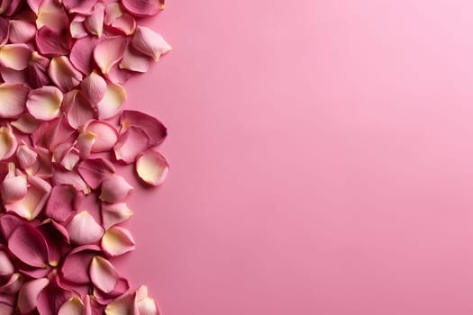 Pink petals covering side on a pink background, creating a romantic mood.