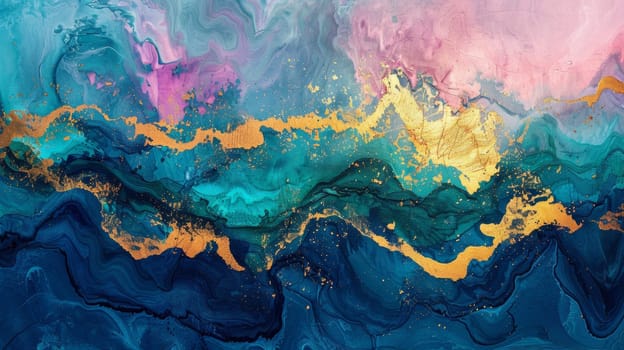 A painting of a blue, green and gold abstract design