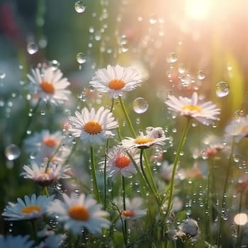 Daisies with dew drops illuminated by warm sunlight in a tranquil field.