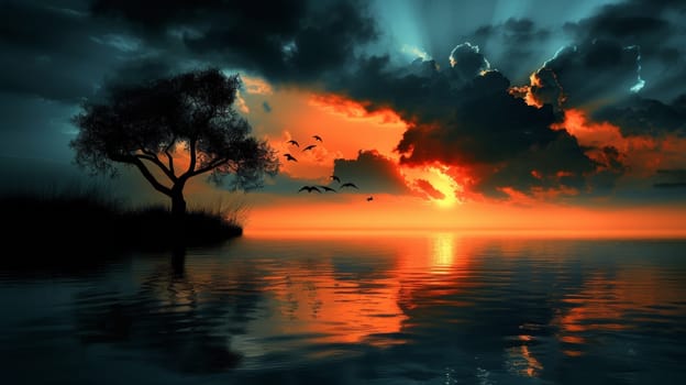 A sunset over a lake with birds flying around it