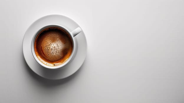 A cup of coffee on a saucer with an empty space