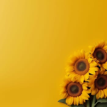 Bunch of sunflowers against a vibrant yellow background.