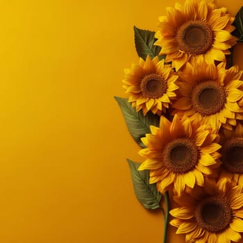 Bunch of sunflowers on a yellow background, vibrant and fresh.