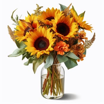 Bright sunflowers with orange blooms in a glass vase