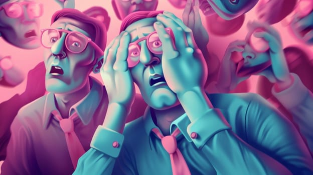 A group of a man with glasses and tie is looking at something