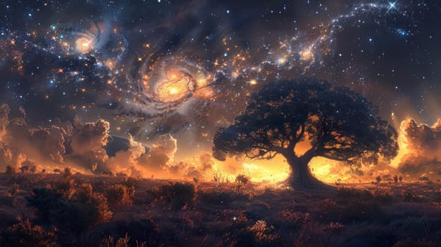 A tree in a field with stars and galaxies behind it