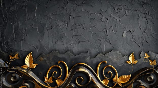 A black and gold decorative frame with leaves on it