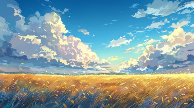 A painting of a field with clouds in the sky