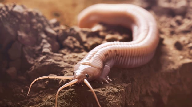 A large worm crawling on the ground in a dirt field