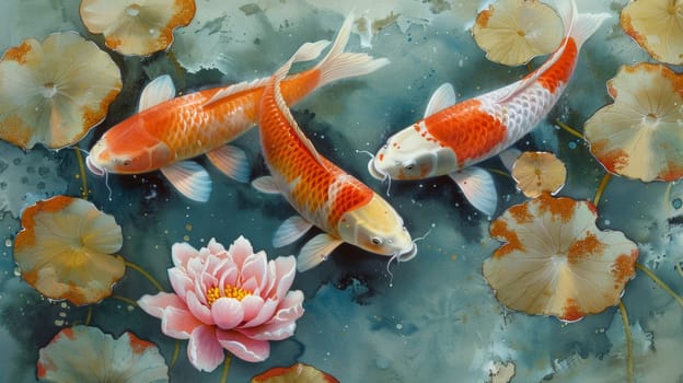 A painting of three fish swimming in a pond with lotus flowers