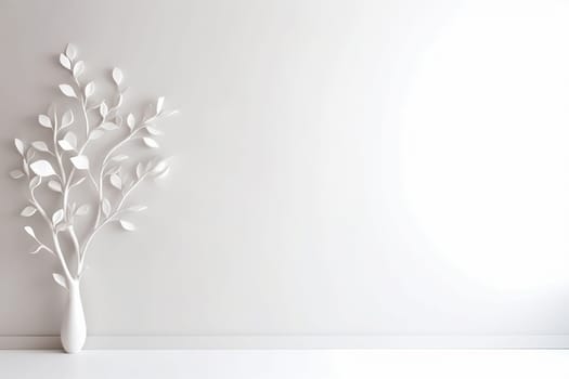 Minimalist white space with a vase and decorative leaves.