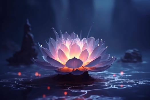 Illuminated lotus flower on water with mystical ambiance.