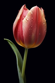 Single red tulip with water droplets against black background