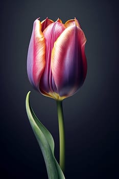 Single tulip with pink and purple hues on a dark background.