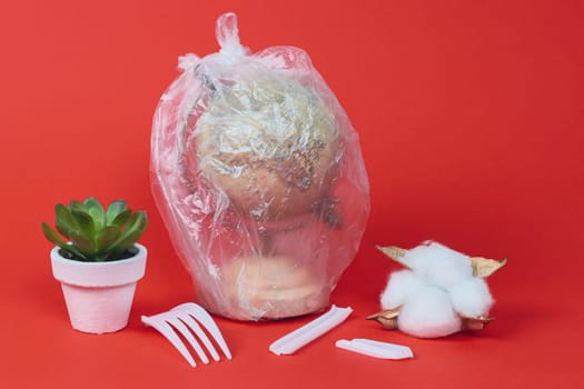 One planet earth globe inside a transparent plastic bag with a broken plastic fork and a succulent flower in a pot stand on a red background, side view close-up.