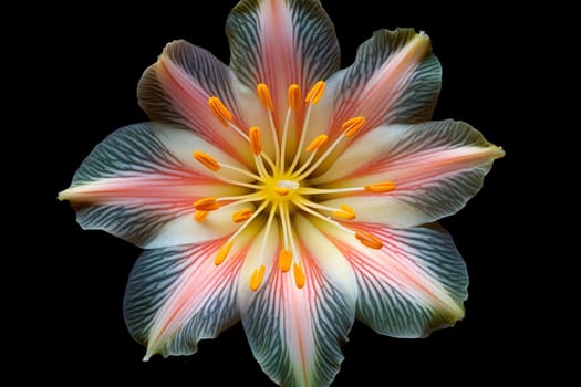 Elegant flower with striking patterns and vivid stamens against a dark background