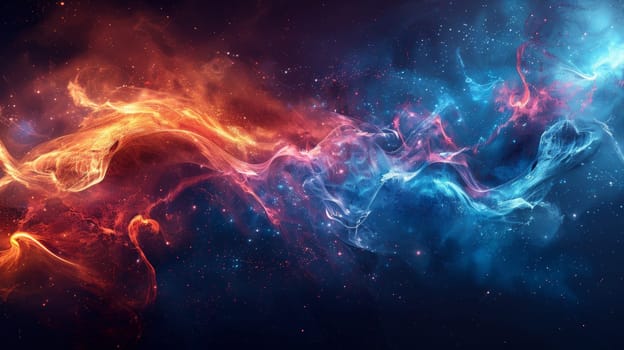 A colorful abstract painting of a space scene with blue and red