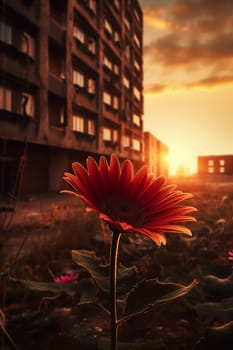 A lone flower blooms against a backdrop of abandoned buildings at sunset.