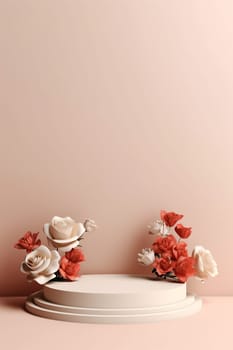 Elegant floral arrangement on minimalistic podium against a pastel background.
